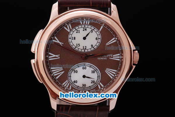 Patek Philippe Classic Quartz Brown Dial and Rose Gold Bezel with White Marking and Brown Leather Strap - Click Image to Close
